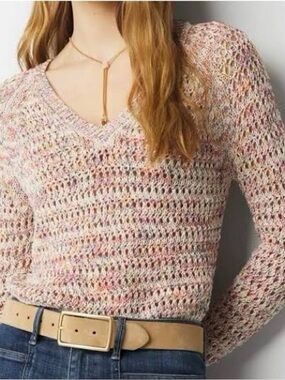 White House Black Market Pastel Multicolor Open-Knit V-Neck Sweater